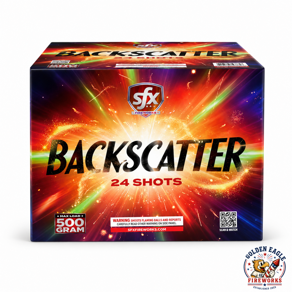Backscatter 500 gram aerial cake by SFX Fireworks featuring 24 shots, vibrant burst-themed packaging, consumer fireworks available at Golden Eagle Fireworks Houston Texas