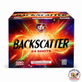 Backscatter 500 gram aerial cake by SFX Fireworks featuring 24 shots, vibrant burst-themed packaging, consumer fireworks available at Golden Eagle Fireworks Houston Texas