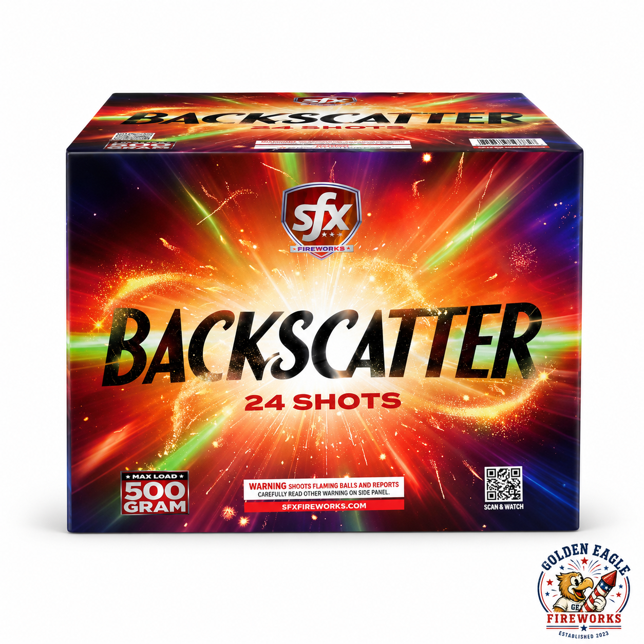 Backscatter 500 gram aerial cake by SFX Fireworks featuring 24 shots, vibrant burst-themed packaging, consumer fireworks available at Golden Eagle Fireworks Houston Texas