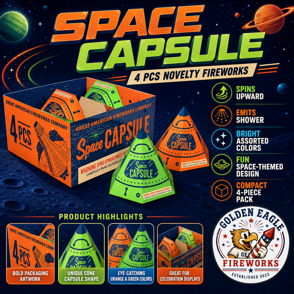 Space Capsule space-themed novelty fireworks featuring four colorful cone spinners that spin upward with sparkling effects, available at Golden Eagle Fireworks in Humble, Texas.