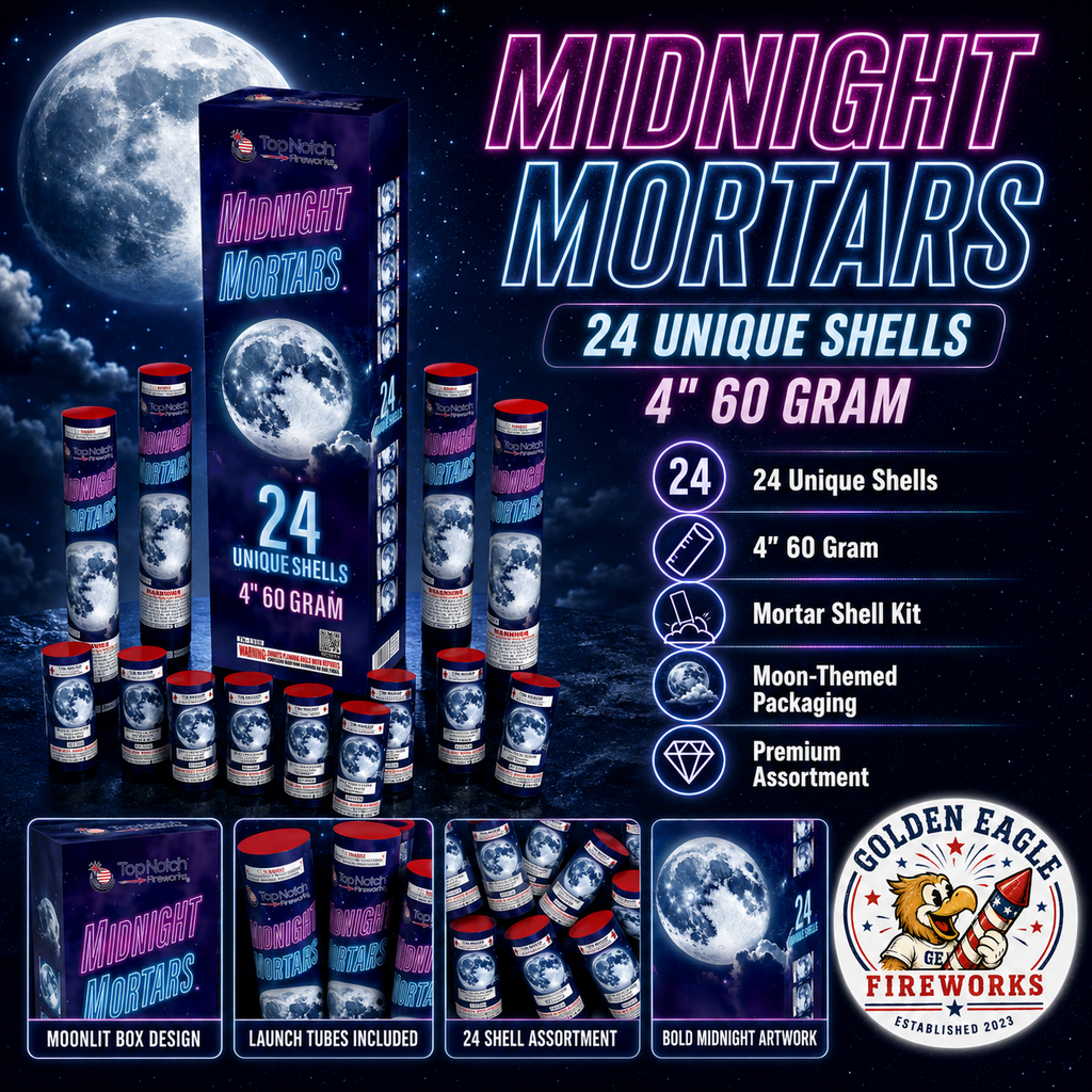 Midnight Mortars premium canister shell assortment featuring 24 unique 4-inch 60 gram mortar shells, launch tubes, moon-themed packaging, and high-performance consumer fireworks from Golden Eagle Fireworks.