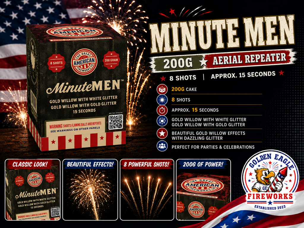 Golden Eagle Fireworks MinuteMen 200g aerial repeater hero — 8 shots approximately 15 seconds, gold willow with white and gold glitter dazzling effects, perfect for parties and celebrations, Houston TX