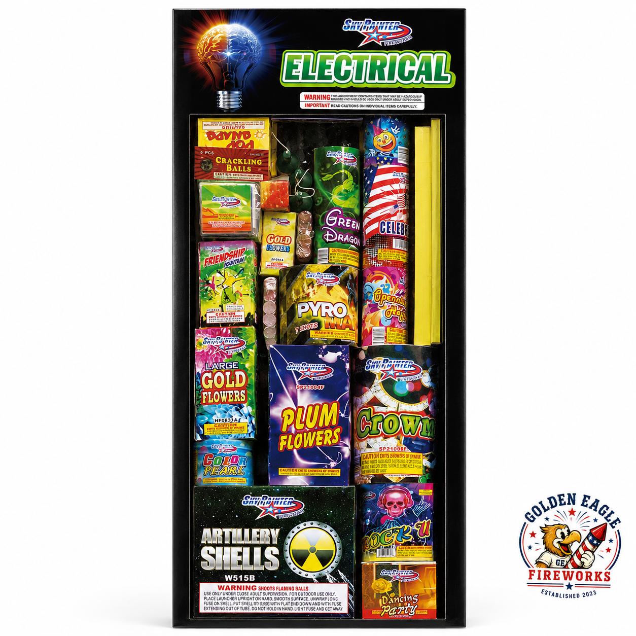 Electrical Fireworks Assortment featuring artillery shells, fountains, crackling balls, novelties, and assorted family fireworks from Golden Eagle Fireworks.