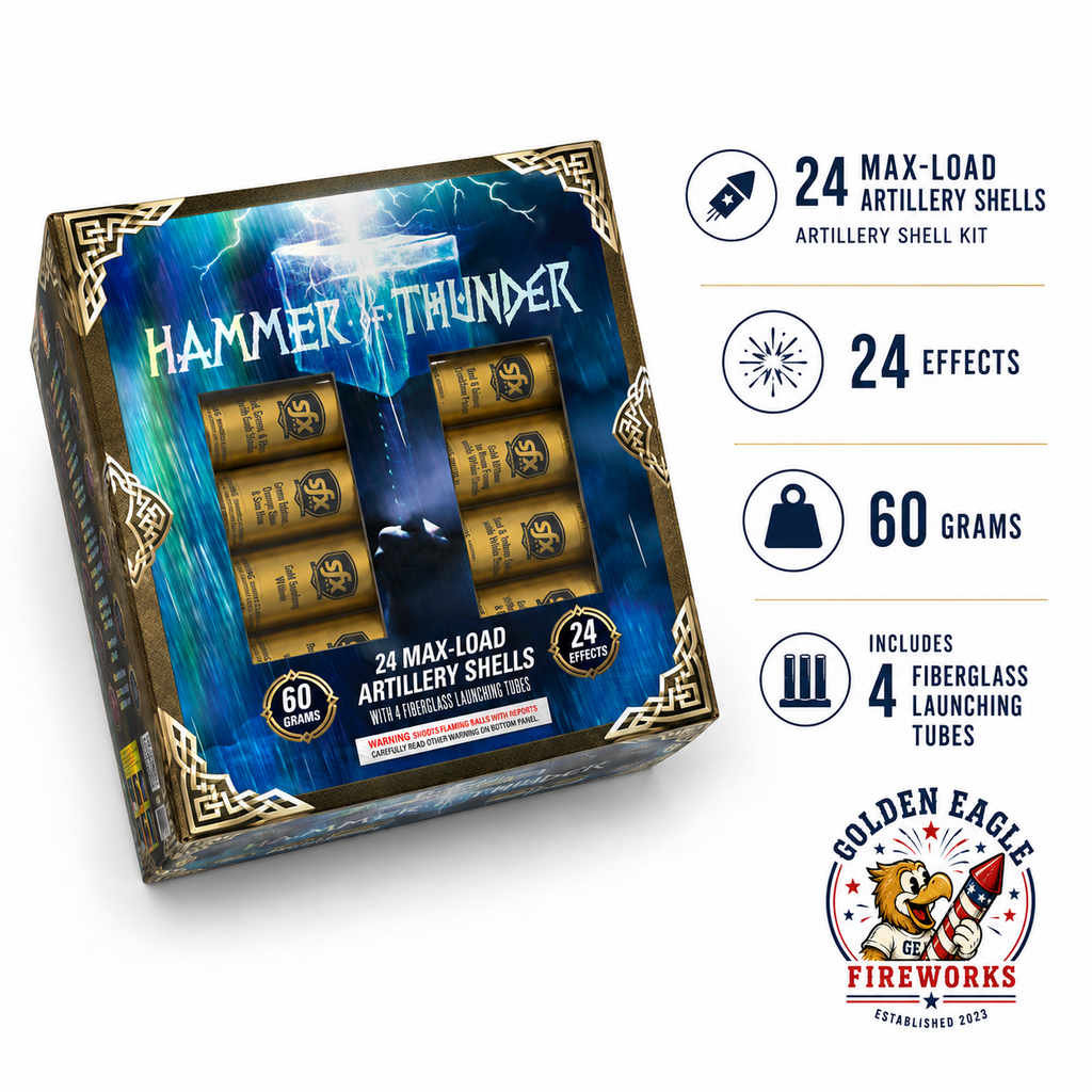 Hammer of Thunder artillery shell kit feature image showing 24 max-load artillery shells, 24 effects, 60 gram performance, 4 fiberglass launching tubes, and premium fireworks from Golden Eagle Fireworks.
