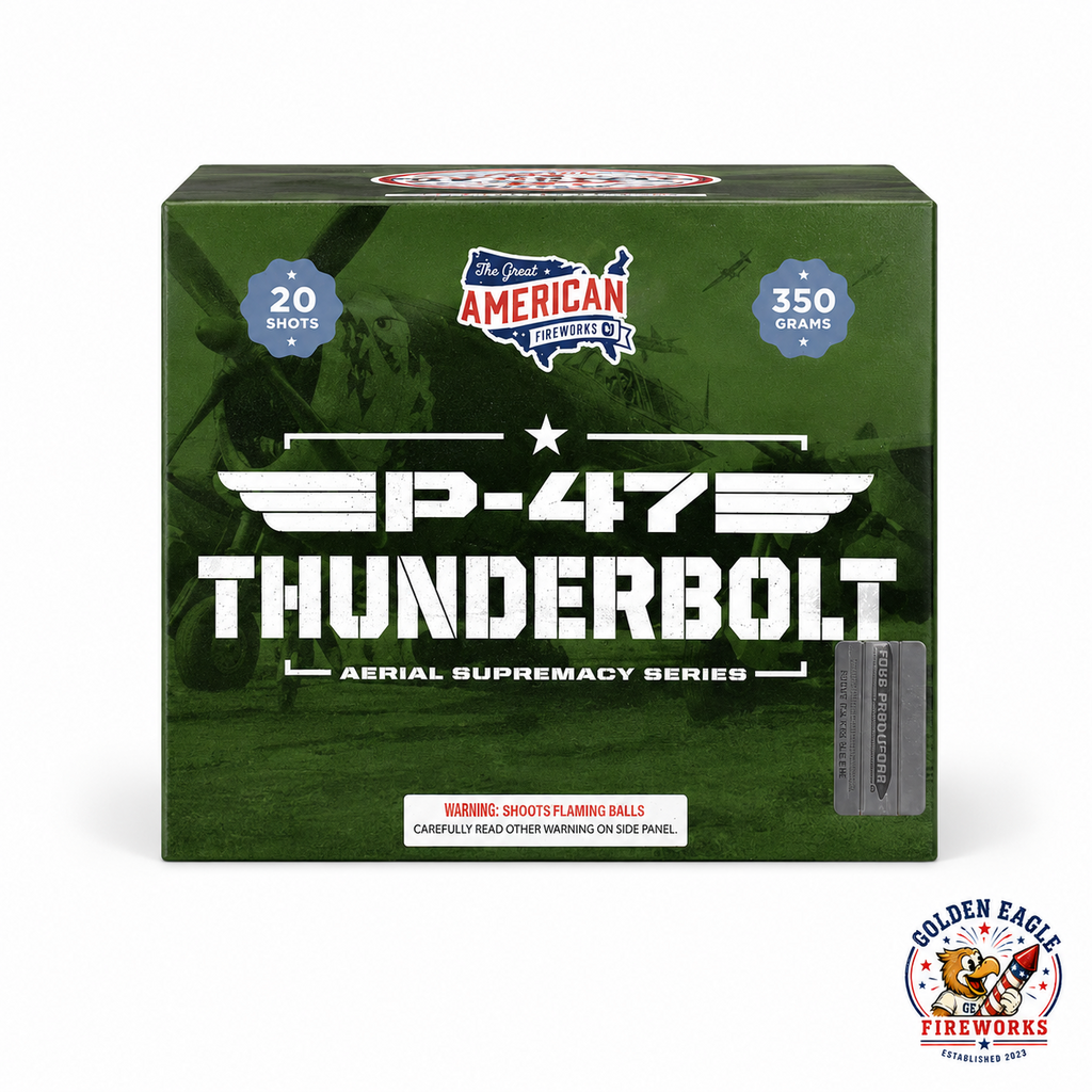 P-47 Thunderbolt 20 shot aerial cake firework featuring 350 gram performance, green military aviation inspired packaging, compact aerial cake design, and backyard fireworks available at Golden Eagle Fireworks.