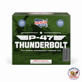 P-47 Thunderbolt 20 shot aerial cake firework featuring 350 gram performance, green military aviation inspired packaging, compact aerial cake design, and backyard fireworks available at Golden Eagle Fireworks.