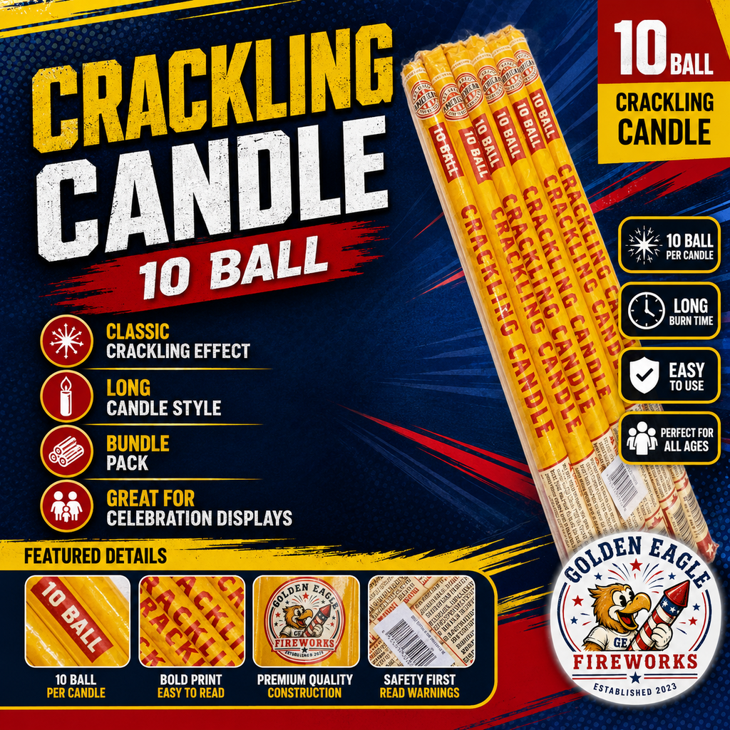10 Ball Crackling Candle Roman candles featuring crackling effects, long-burning performance, and family-friendly consumer fireworks from Golden Eagle Fireworks.