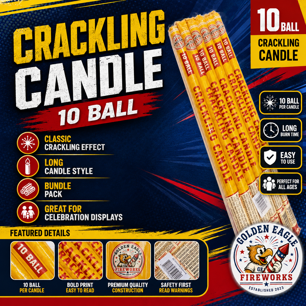 10 Ball Crackling Candle Roman candles featuring crackling effects, long-burning performance, and family-friendly consumer fireworks from Golden Eagle Fireworks.
