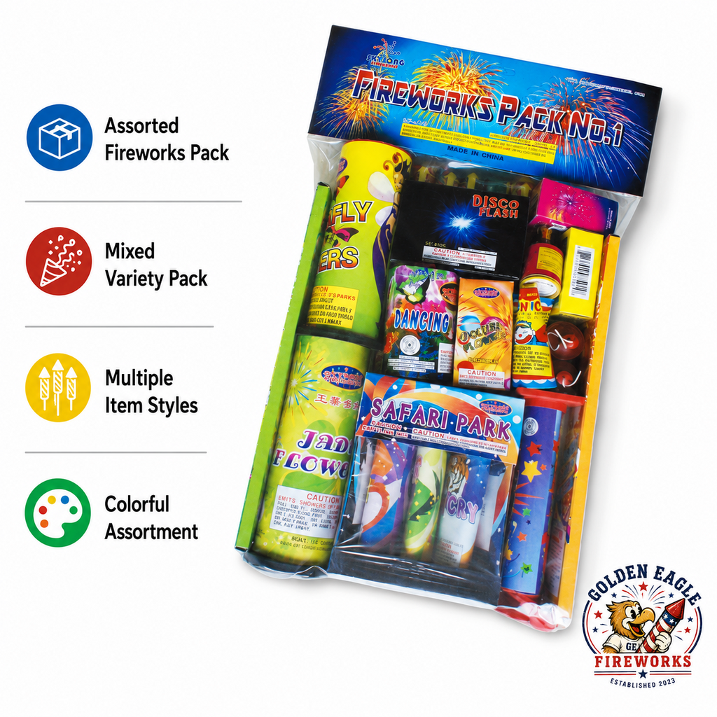 Fireworks Pack No. 1 assorted fireworks pack featuring mixed fireworks, fountains, novelties, multiple item styles, and colorful consumer fireworks available at Golden Eagle Fireworks.