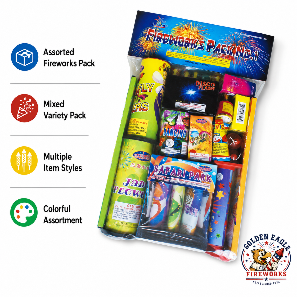Fireworks Pack No. 1 assorted fireworks pack featuring mixed fireworks, fountains, novelties, multiple item styles, and colorful consumer fireworks available at Golden Eagle Fireworks.