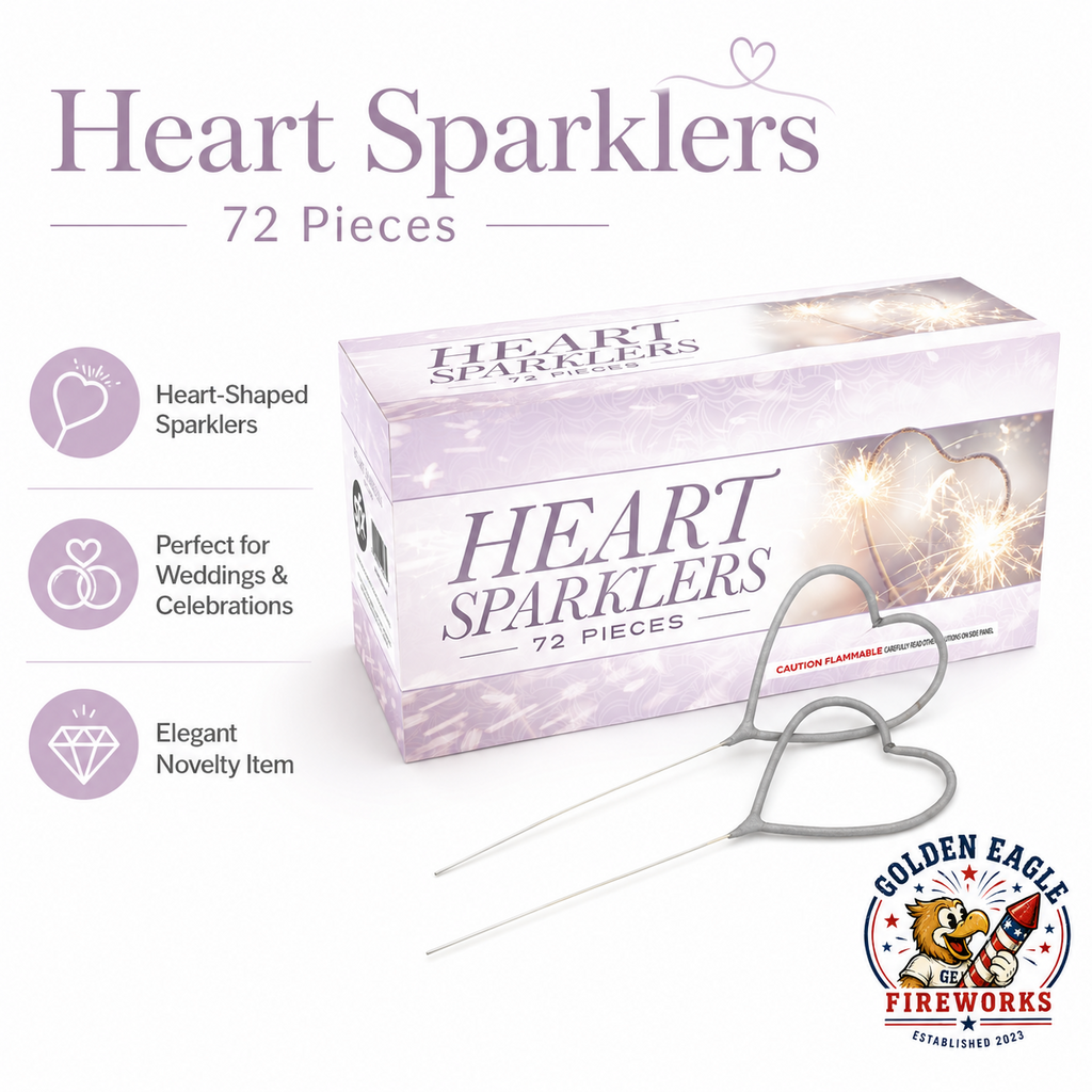 Heart Sparklers 72 piece feature image showing heart-shaped sparklers, elegant novelty design, wedding celebration use, and party sparklers from Golden Eagle Fireworks.