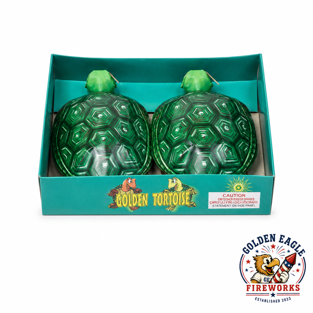 Golden Tortoise novelty fireworks featuring 2 individual tortoise-shaped fireworks, detailed green molded shell design, display tray packaging, and celebration-ready fireworks available at Golden Eagle Fireworks.