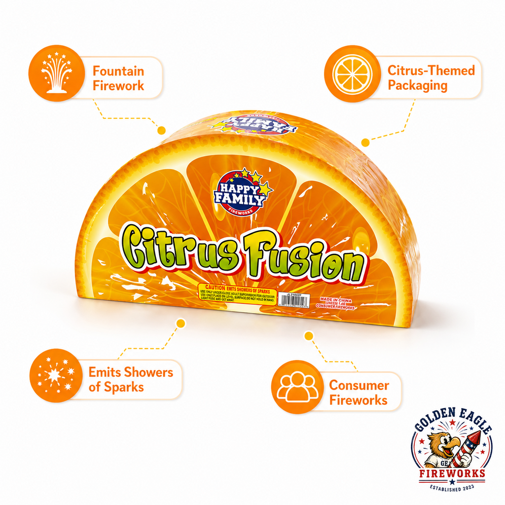Citrus Fusion fountain firework highlighting citrus-themed packaging, fountain effects, and sparkling performance.