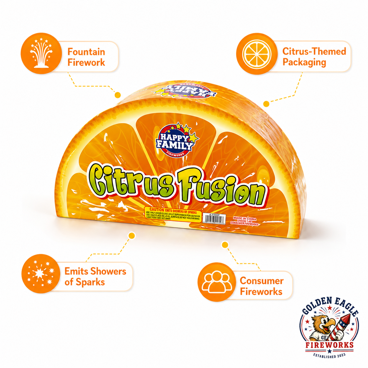 Citrus Fusion fountain firework highlighting citrus-themed packaging, fountain effects, and sparkling performance.