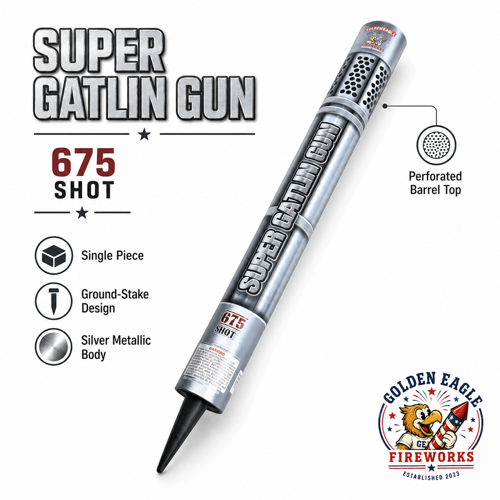 Super Gatlin Gun feature image showing 675 shot firework, single piece design, silver metallic body, perforated barrel top, ground-stake base, and novelty fireworks from Golden Eagle Fireworks.