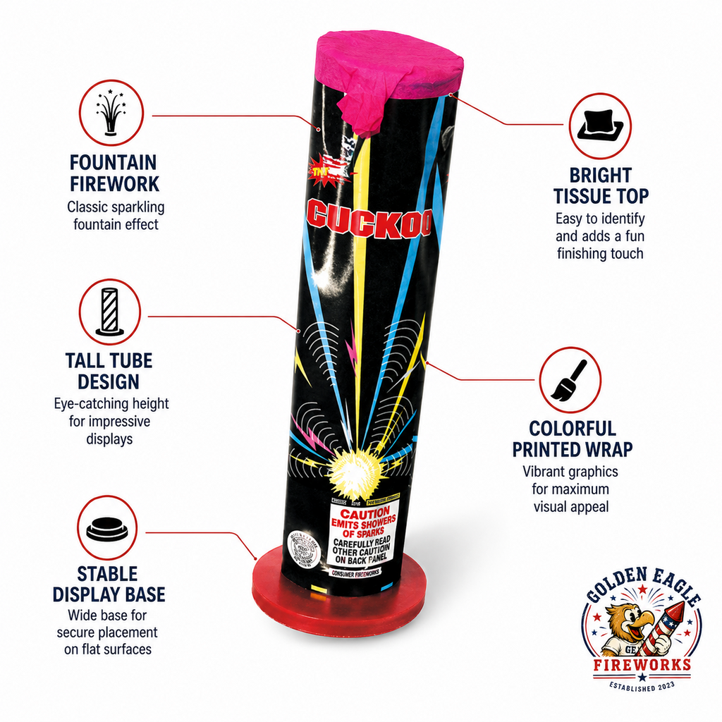 Cuckoo fountain firework feature image showing bright tissue top, tall tube design, colorful printed wrap, and stable display base from Golden Eagle Fireworks.