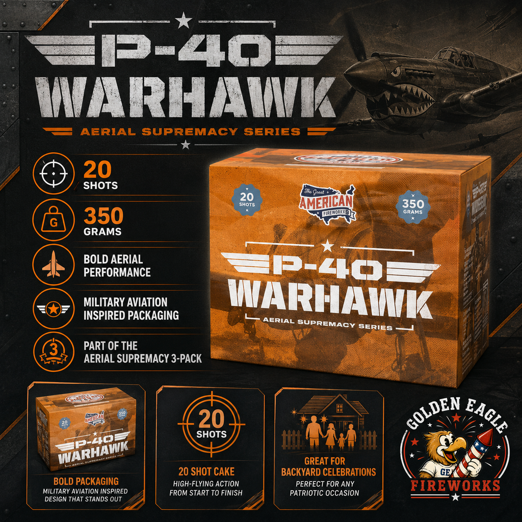 P-40 Warhawk aerial cake infographic featuring 20 shots, 350 grams, military aviation inspired design, bold aerial performance, and backyard celebration fireworks from Golden Eagle Fireworks.