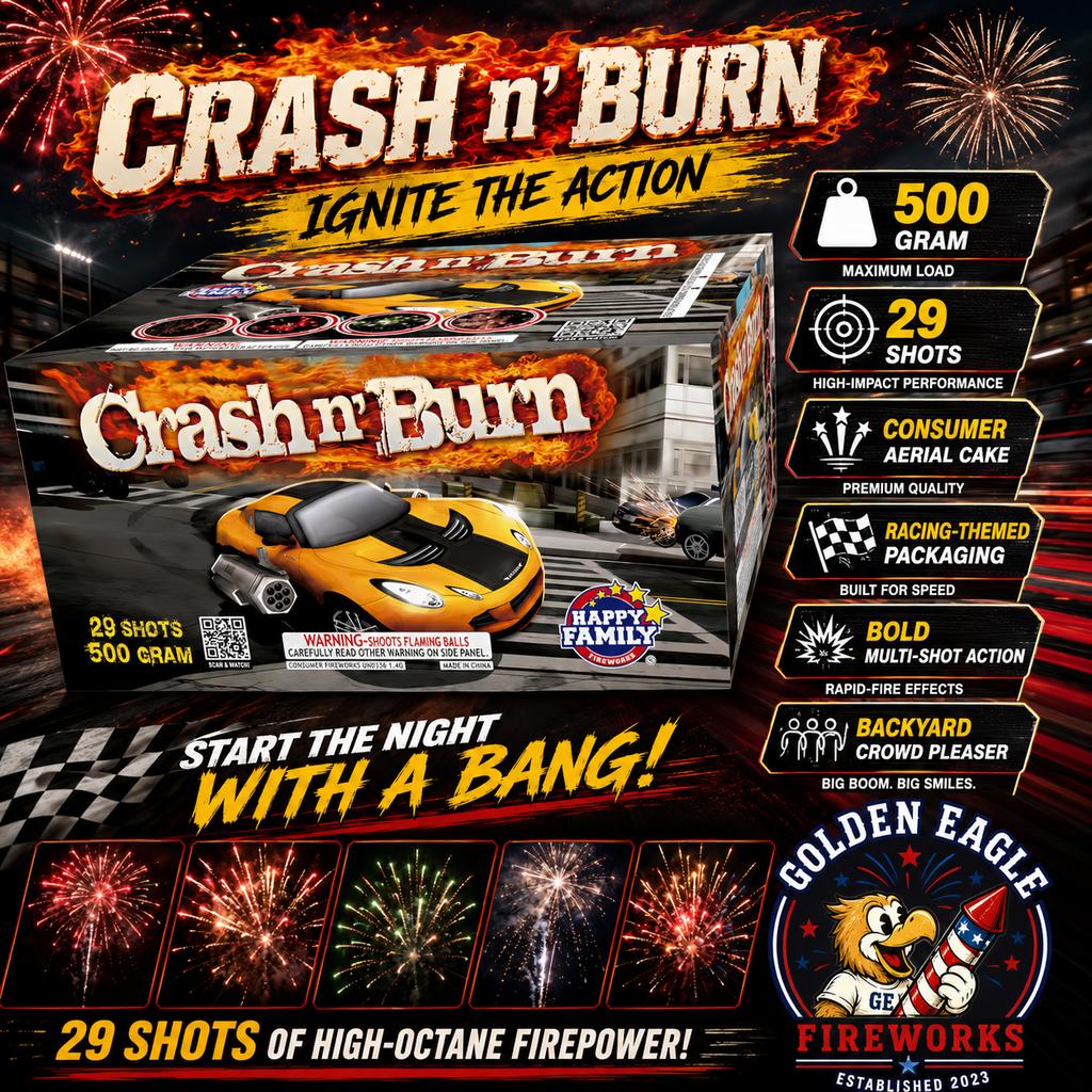 Crash n' Burn 500 gram 29-shot fireworks cake by Happy Family — high-octane flaming ball effects, ignite the action, available at Golden Eagle Fireworks