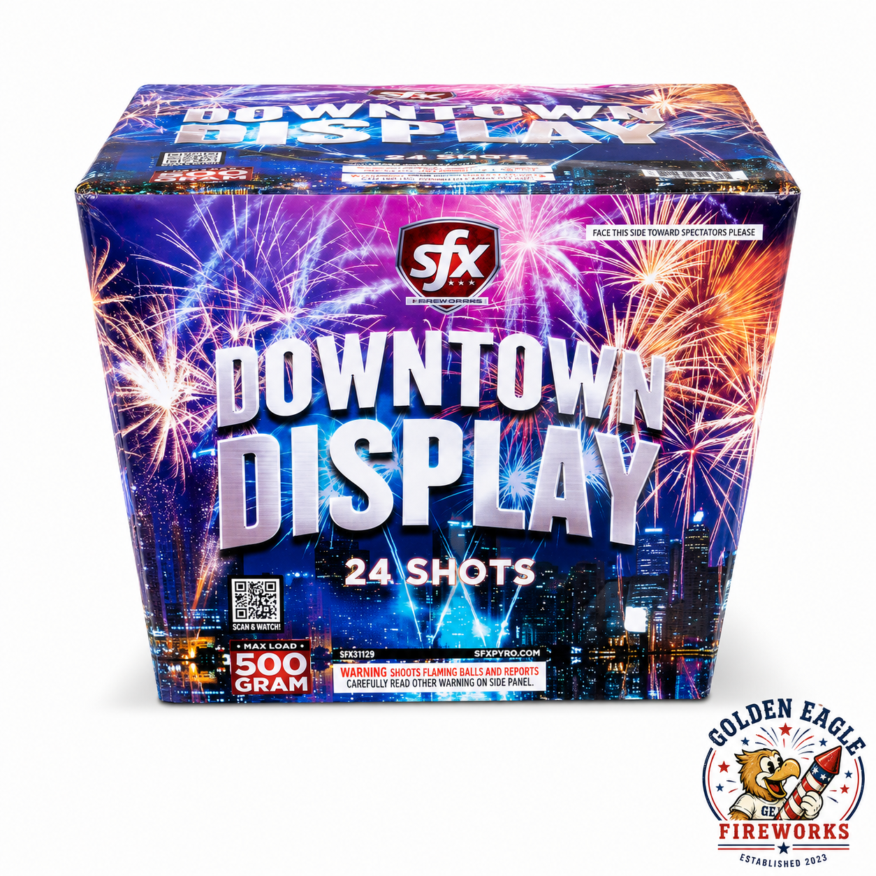 Downtown Display 500 gram aerial cake by SFX Fireworks — 24 shots, bold city skyline fireworks packaging, available at Golden Eagle Fireworks
