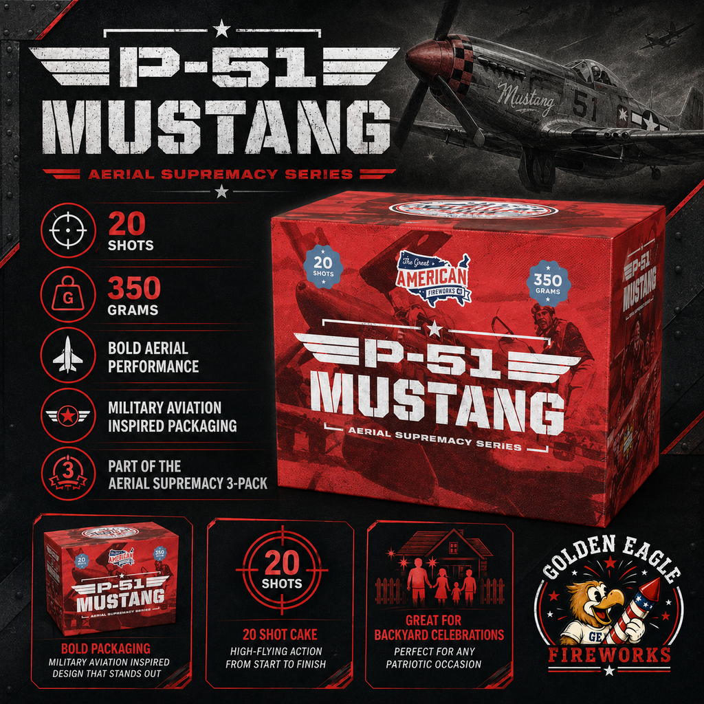 P-51 Mustang aerial cake infographic featuring 20 shots, 350 grams, military aviation inspired design, bold aerial performance, and backyard celebration fireworks from Golden Eagle Fireworks.