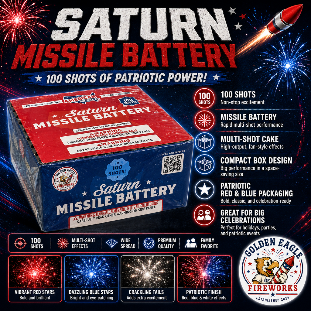 Golden Eagle Fireworks Saturn Missile Battery 100 shots of patriotic power hero — vibrant red stars dazzling blue stars crackling tails patriotic finish, multi-shot missile battery, Houston TX