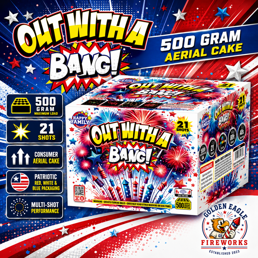 Out With A Bang fireworks cake from Golden Eagle Fireworks showcasing 21 shots, patriotic design and backyard aerial fireworks action