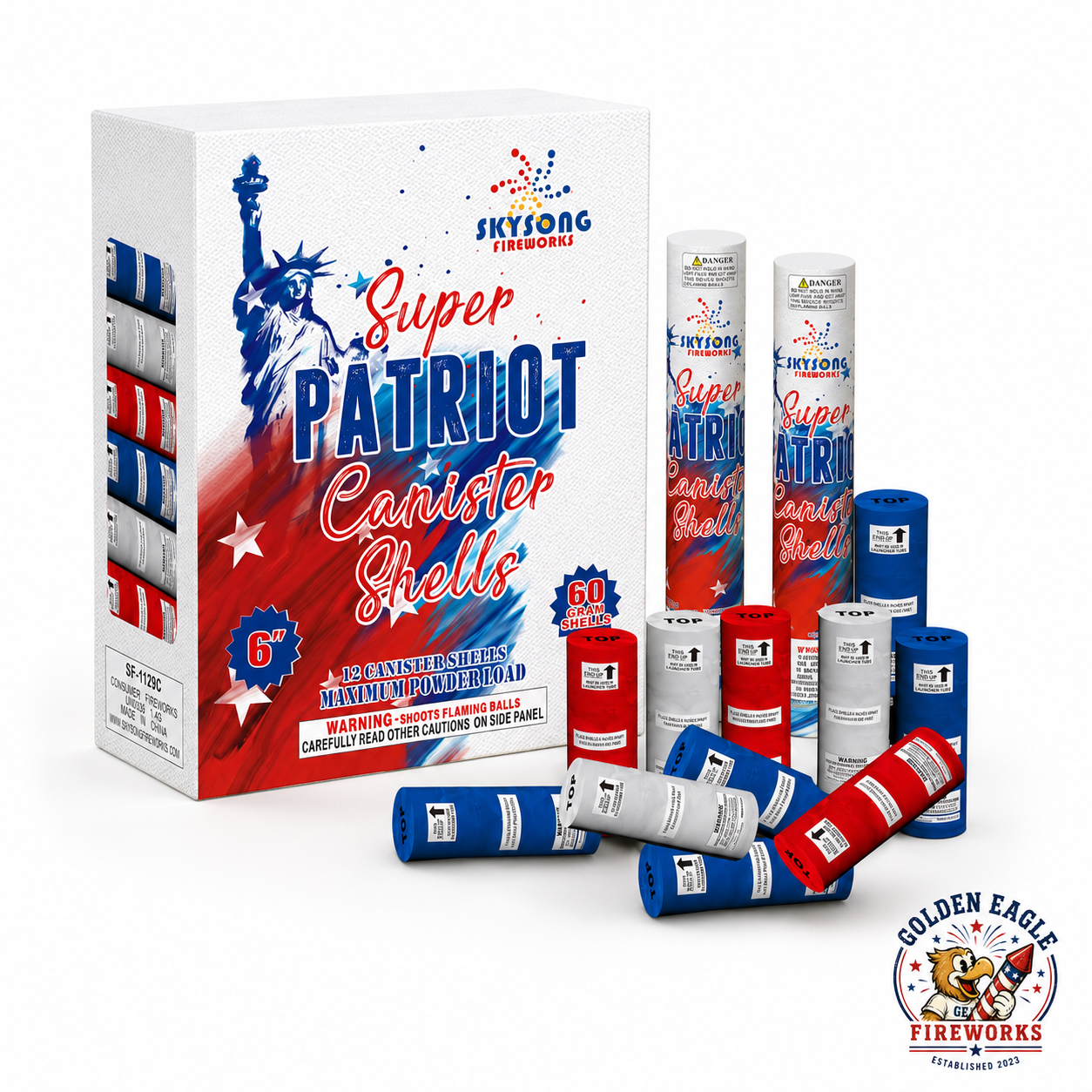 Super Patriot Canister Shells by Skysong Fireworks — 12 shells, 60 gram, 6-inch, maximum powder load, available at Golden Eagle Fireworks
