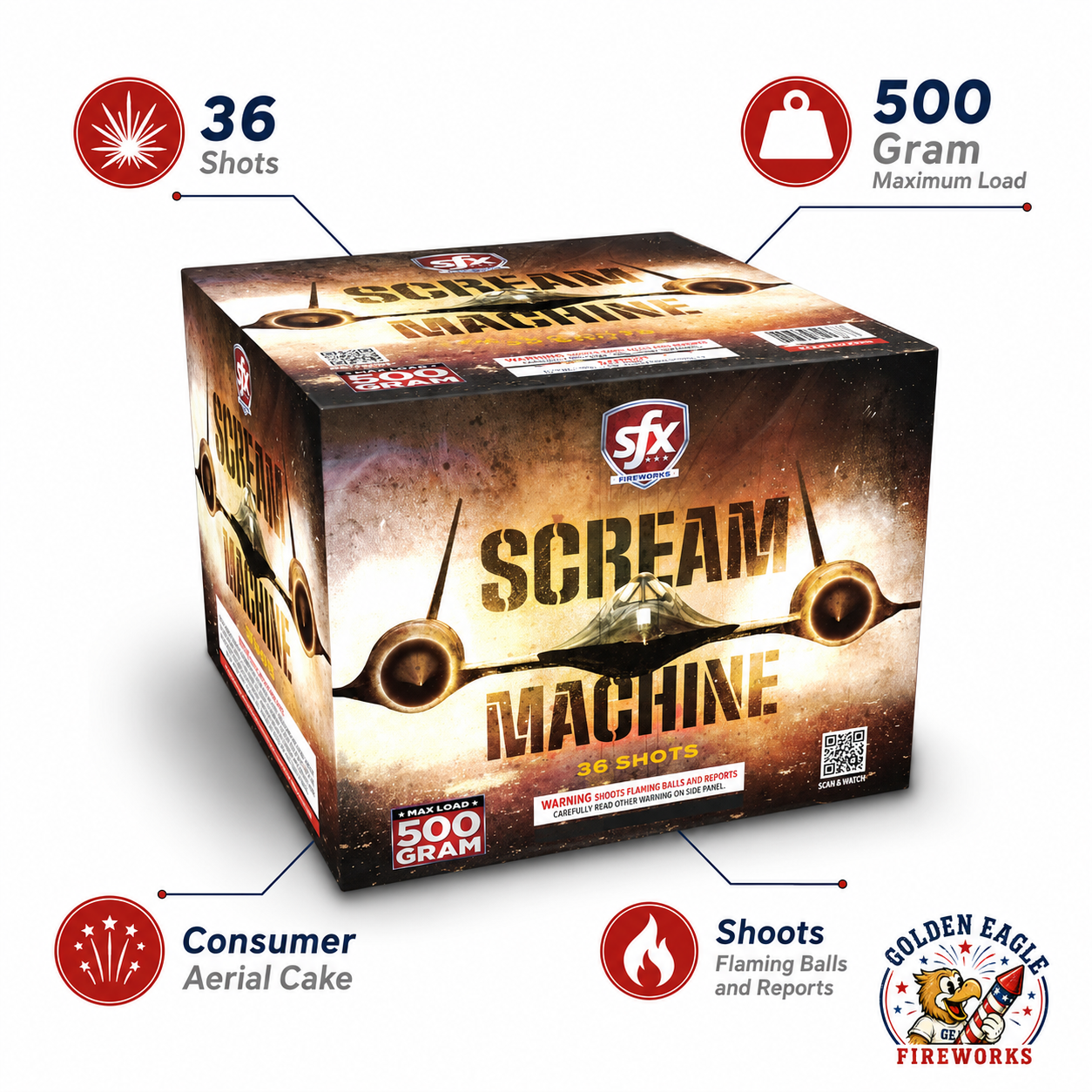 Scream Machine consumer aerial cake with 36 shots and 500 gram maximum load featuring aviation-inspired packaging and powerful aerial performance from Golden Eagle Fireworks.