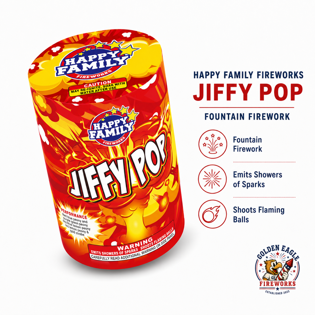 Jiffy Pop fountain firework feature image showing Happy Family Fireworks packaging, fountain firework design, showers of sparks effect, and flaming ball performance from Golden Eagle Fireworks.