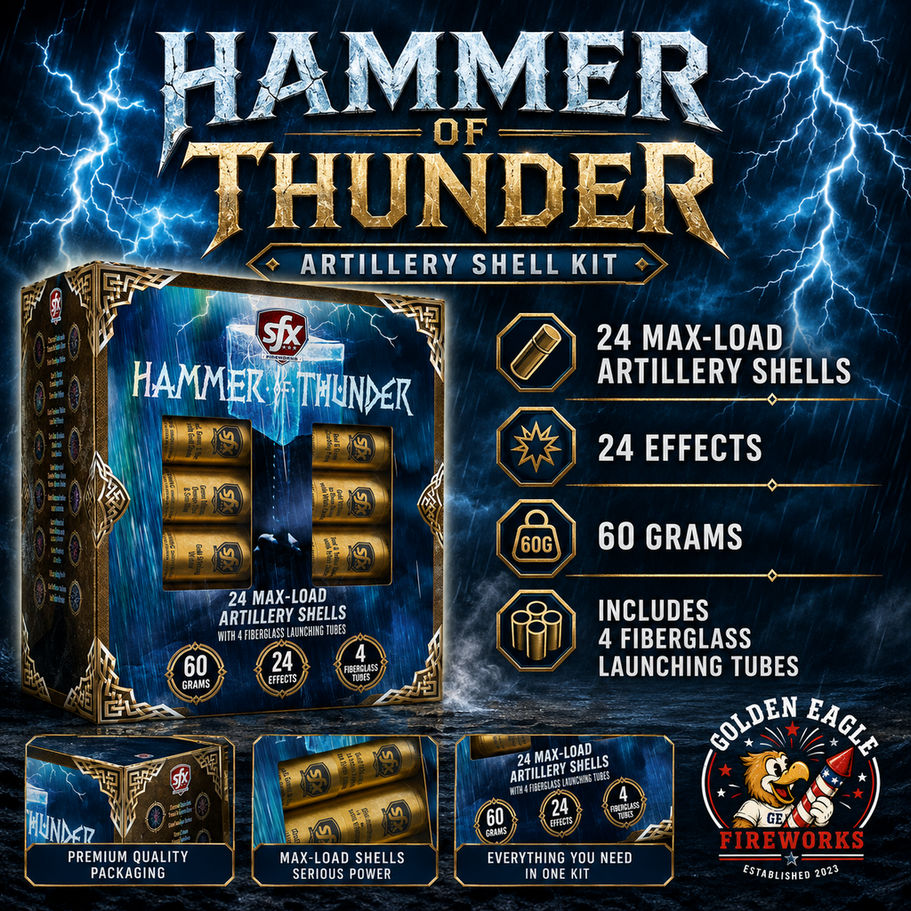 Hammer of Thunder artillery shell kit infographic featuring 24 max-load shells, 60 gram artillery shells, 24 effects, 4 fiberglass launching tubes, and thunder-themed fireworks packaging from Golden Eagle Fireworks.