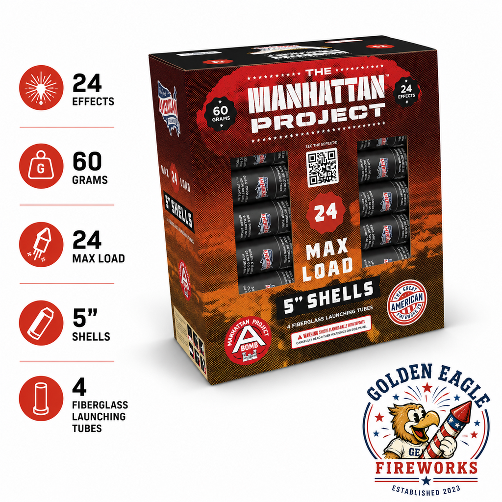 The Manhattan Project 24-shell artillery kit with 60 gram canister shells, 24 maximum load effects, four fiberglass launch tubes, and premium consumer fireworks performance.
