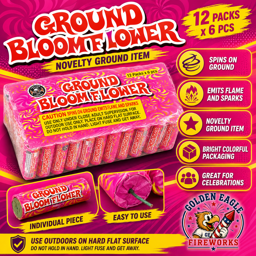 Ground Bloom Flower novelty ground fireworks infographic featuring spinning ground action, flame and spark effects, bright colorful packaging, individual pieces, and 2 packs of 6 pieces from Golden Eagle Fireworks.