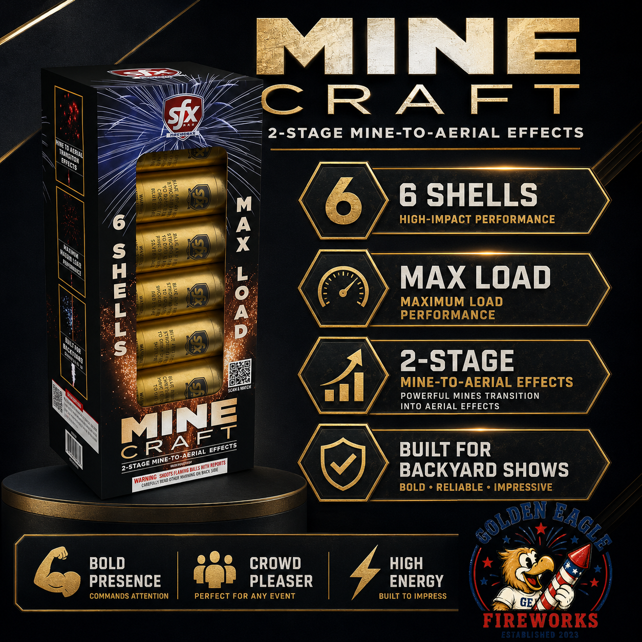 SFX Mine Craft Max Load premium fireworks featuring 6 shells, 2-stage mine-to-aerial effects, maximum load performance, and backyard show excitement from Golden Eagle Fireworks.