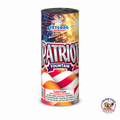 Patriot Fountain firework featuring 1 cylindrical fountain firework, patriotic red white and blue design, emits showers of sparks, and celebration-ready fireworks available at Golden Eagle Fireworks.