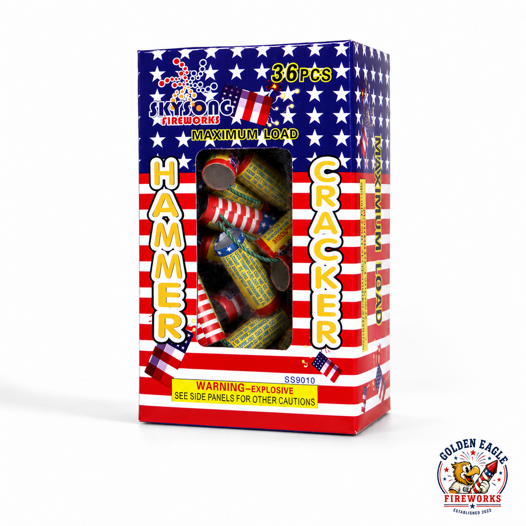 Golden Eagle Fireworks Skysong Hammer Cracker 36-count Maximum Load box SS9010, patriotic red white and blue consumer fireworks Houston TX