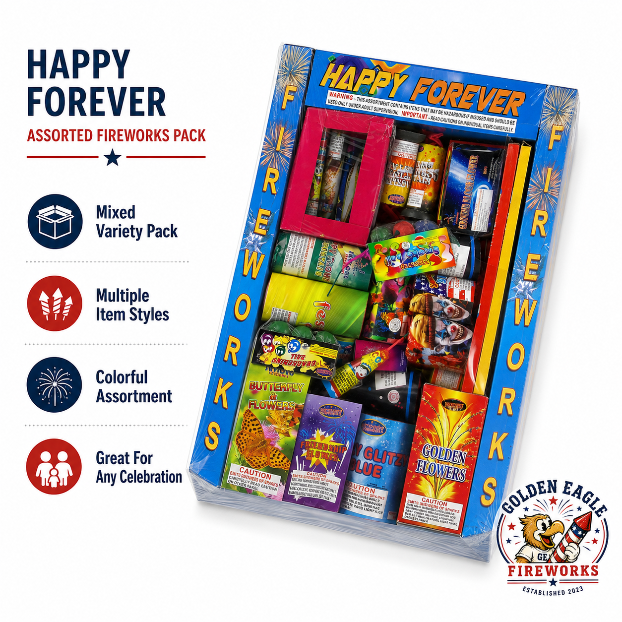 Happy Forever fireworks assortment highlighting mixed novelty fireworks, fountains, colorful effects, and family-friendly consumer fireworks.