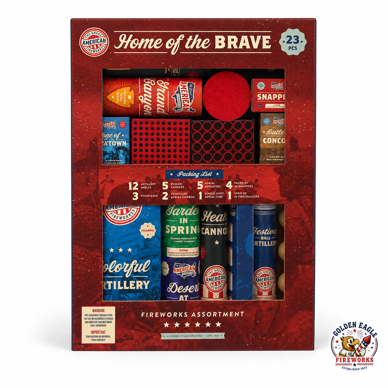 Home of the Brave 23 piece fireworks assortment featuring patriotic red and blue packaging, assorted artillery shells, fountains, aerial items, snappers, firecrackers, and family fireworks available at Golden Eagle Fireworks.