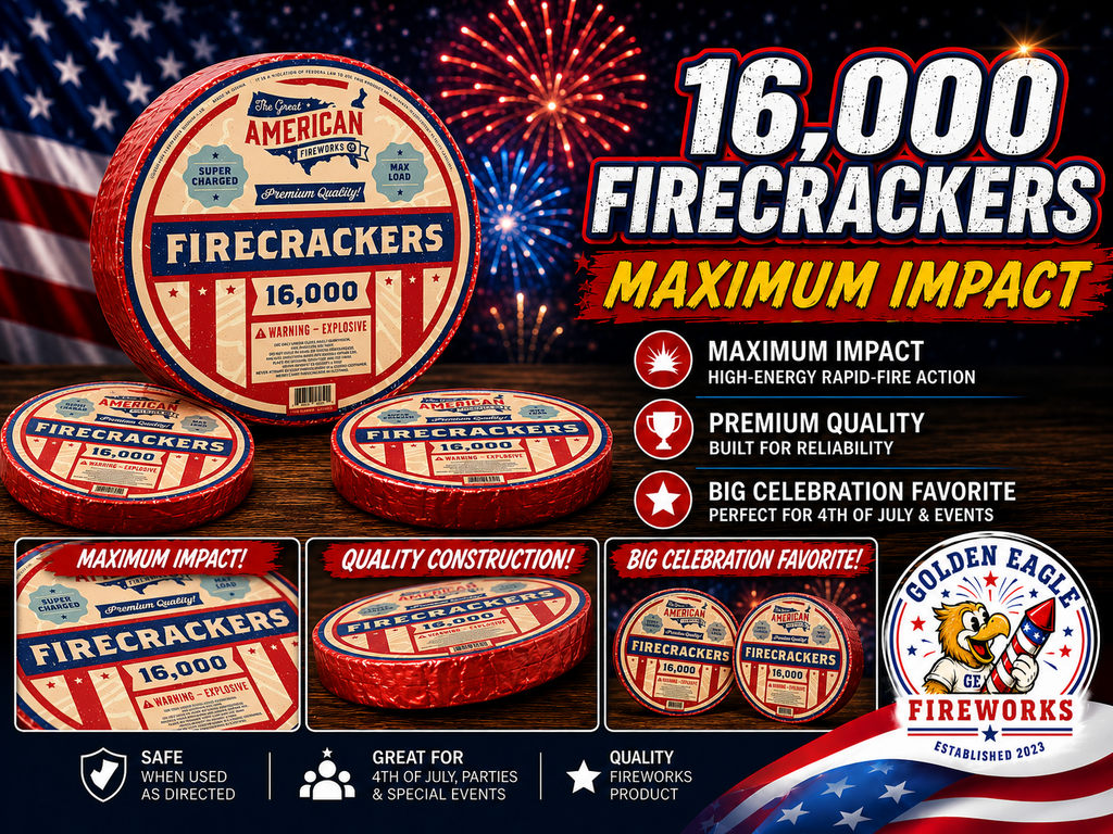 Golden Eagle Fireworks 16,000 Firecracker Roll Maximum Impact hero image by The Great American Fireworks Co., super charged max load high-energy rapid-fire consumer fireworks for 4th of July and events, Houston TX