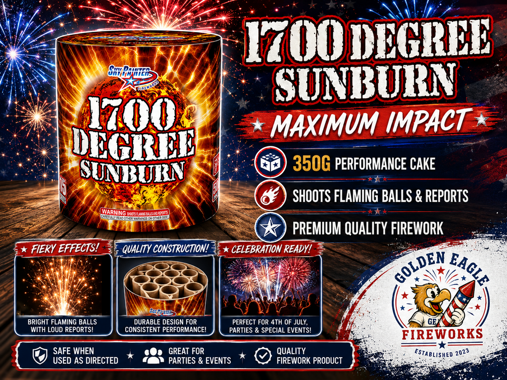 Golden Eagle Fireworks 1700 Degree Sunburn Maximum Impact hero — 350g performance cake, 15 shots, flaming balls and loud reports, perfect for 4th of July parties and events, Houston TX
