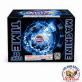 Time Machine 28-shot consumer aerial cake by Happy Family Fireworks featuring flaming balls and reports with futuristic clock-themed packaging, available at Golden Eagle Fireworks