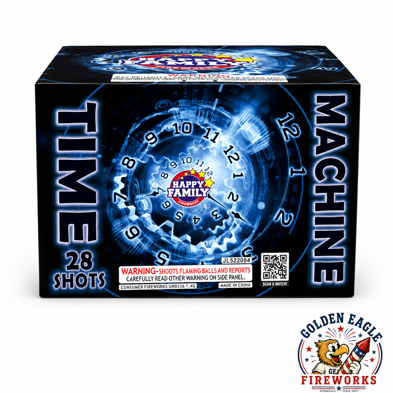 Time Machine 28-shot consumer aerial cake by Happy Family Fireworks featuring flaming balls and reports with futuristic clock-themed packaging, available at Golden Eagle Fireworks