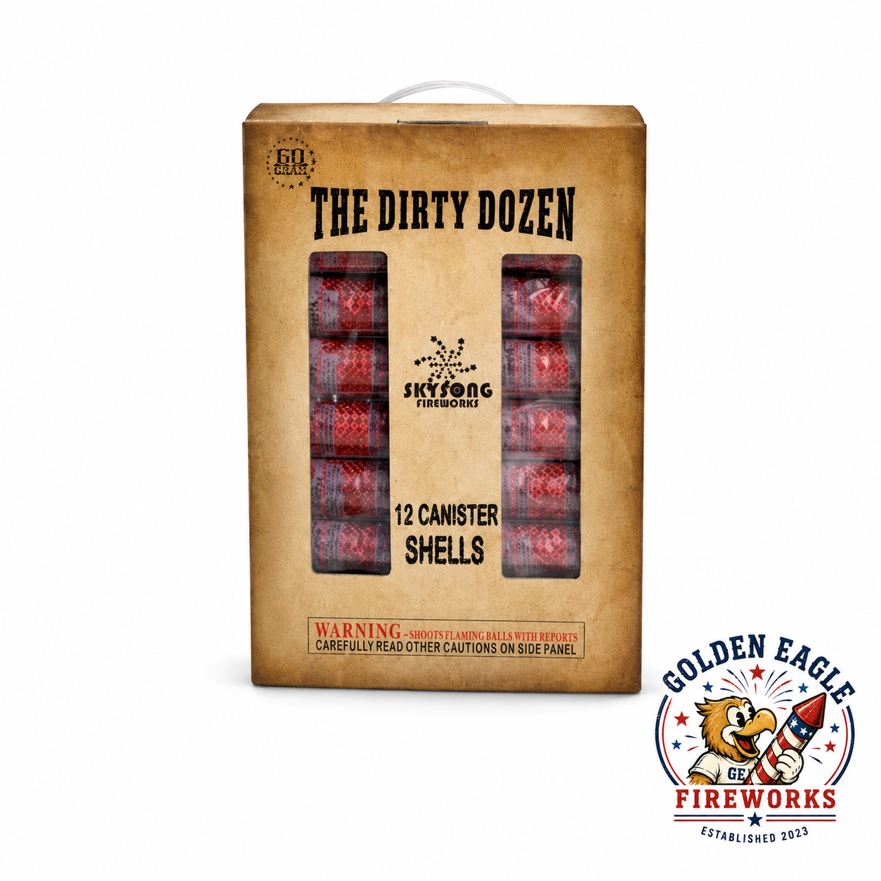 The Dirty Dozen 12 canister shell kit featuring 60 gram canister shells, premium Sky Song Fireworks packaging, and high-performance consumer fireworks available at Golden Eagle Fireworks.