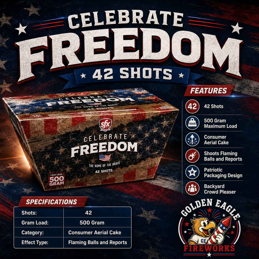 Celebrate Freedom fireworks cake delivering 42 shots of aerial action, patriotic effects and crowd-pleasing performance from SFX Fireworks