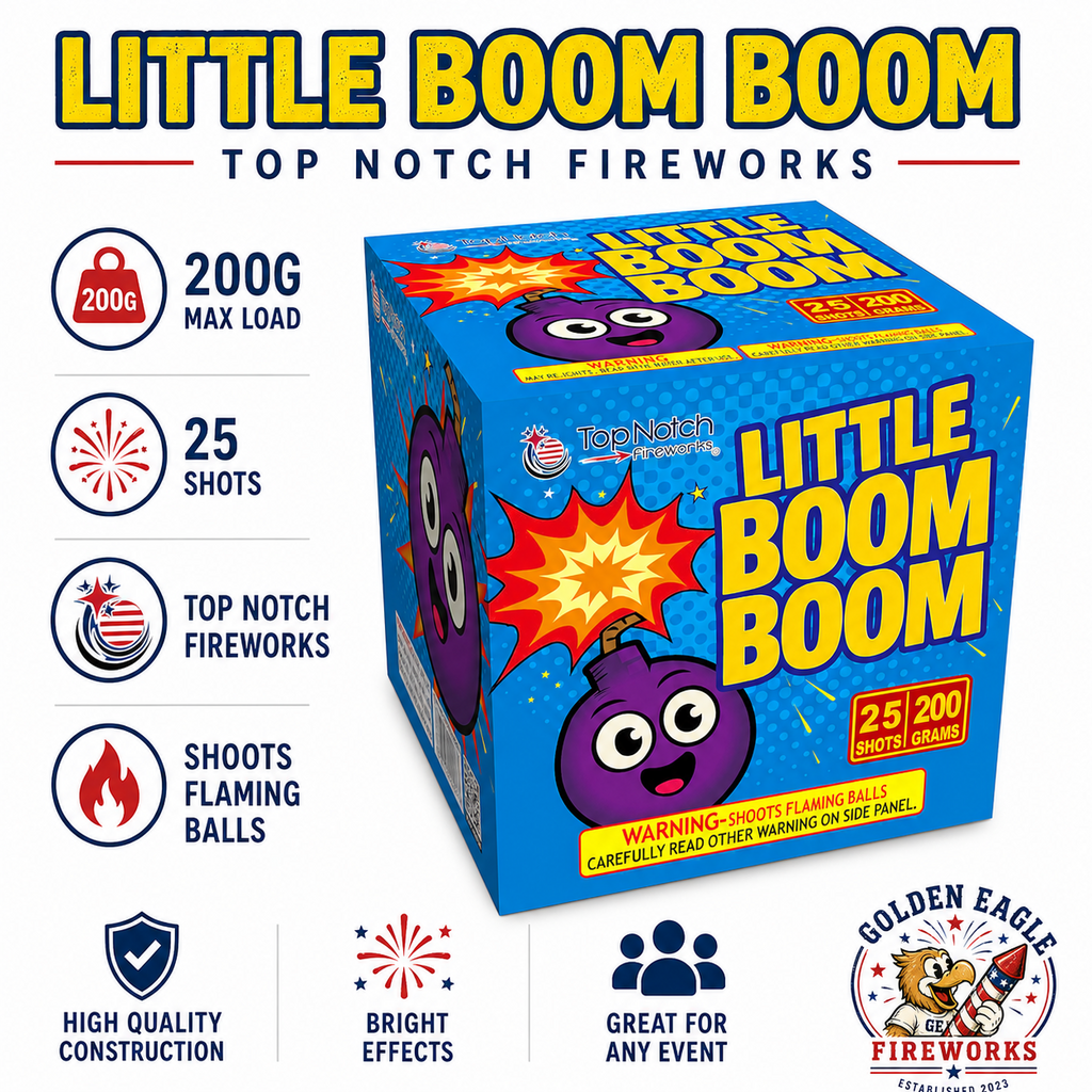 Golden Eagle Fireworks Top Notch Little Boom Boom 200g maximum load fireworks cake, 25 shots shoots flaming balls, high quality construction bright effects, Houston TX
