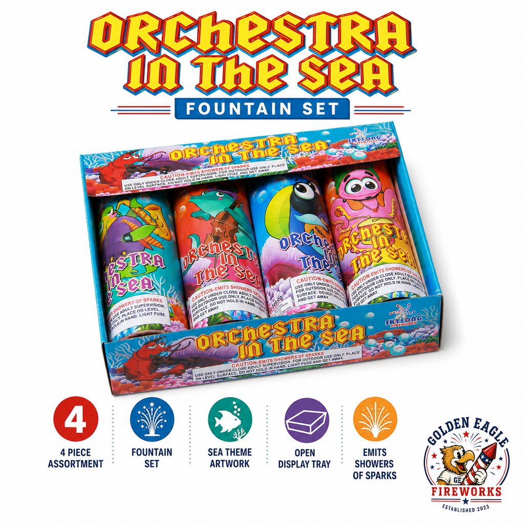 Orchestra in the Sea feature image showing 4 piece fountain set, sea theme artwork, open display tray, colorful individual fountains, and family celebration fireworks from Golden Eagle Fireworks.