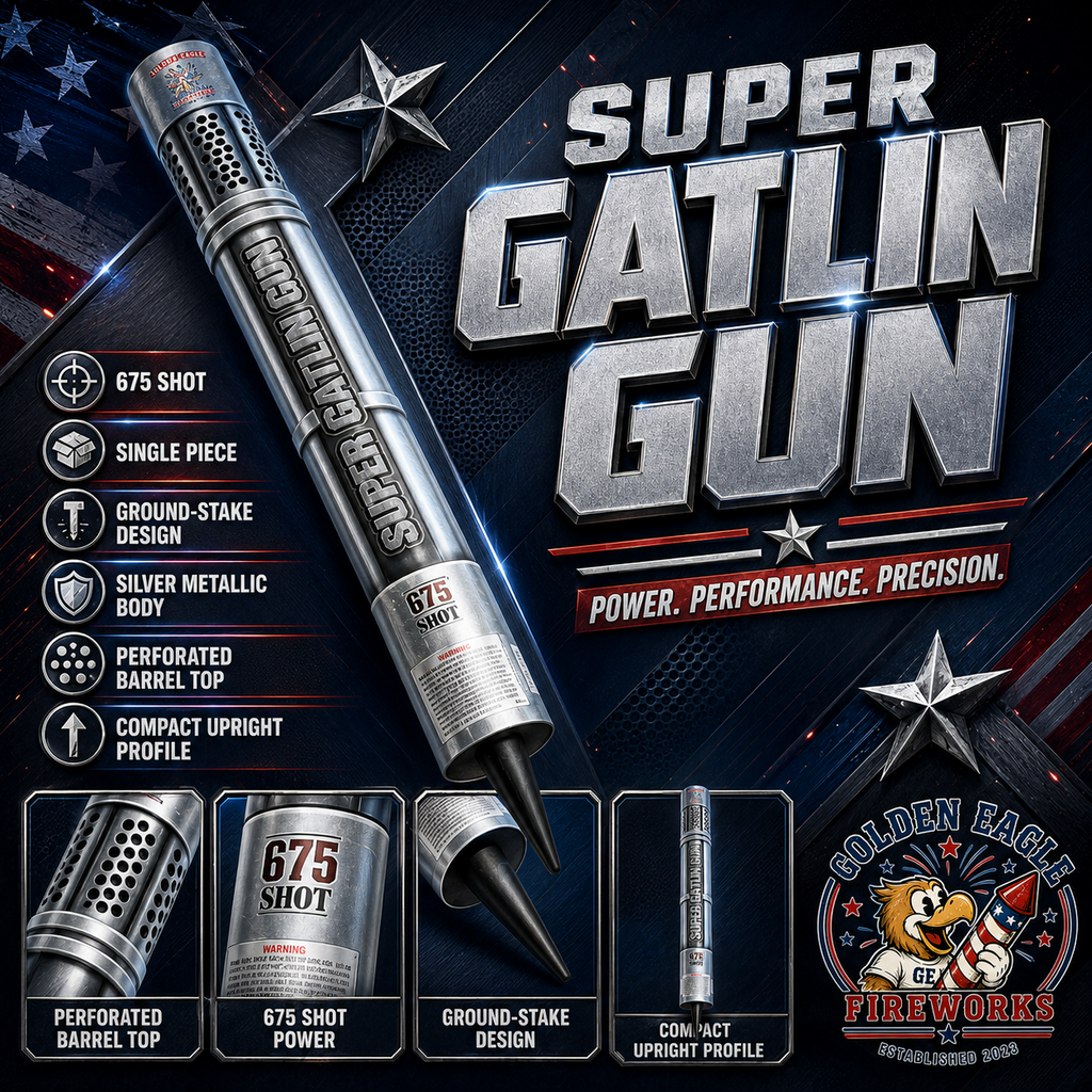 Super Gatlin Gun infographic featuring 675 shots, silver metallic body, ground-stake design, perforated barrel top, compact upright profile, and performance firework details from Golden Eagle Fireworks.