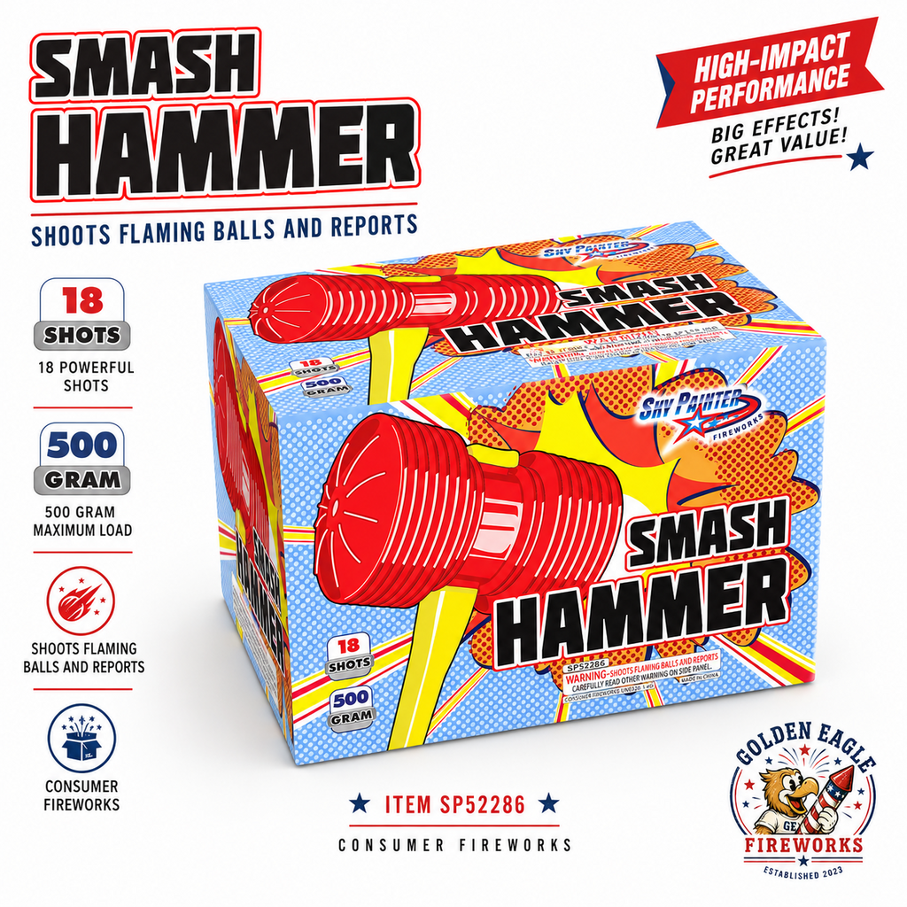 Smash Hammer 500g 18-shot fireworks cake shoots flaming balls and reports — high-impact performance available at Golden Eagle Fireworks Houston TX