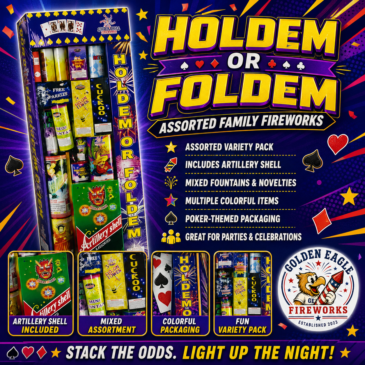 Holdem or Foldem premium fireworks assortment with artillery shells, fountains, novelty fireworks, and poker-themed packaging available at Golden Eagle Fireworks.