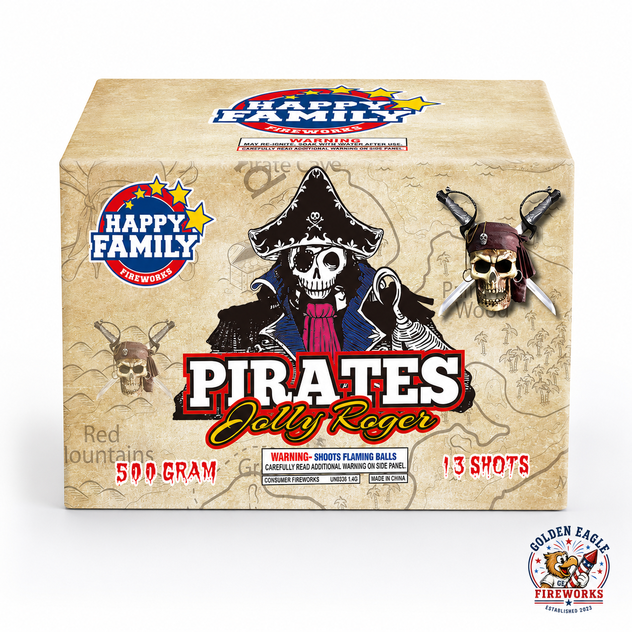 Pirates Jolly Roger 500 gram aerial cake by Happy Family Fireworks — 13-shot consumer firework available at Golden Eagle Fireworks