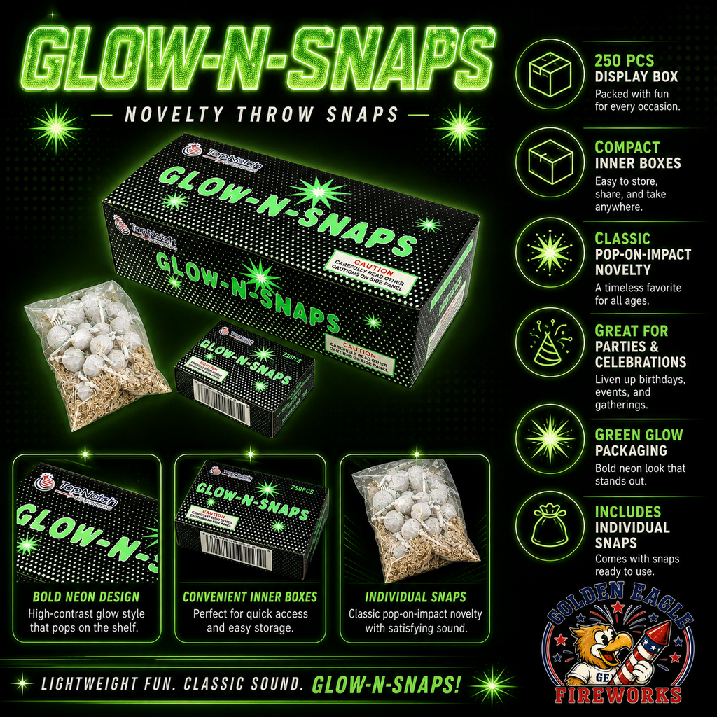 Glow-N-Snaps infographic featuring 250 piece display box, compact inner boxes, individual snaps, green glow packaging, classic pop-on-impact novelty fun, and party fireworks details from Golden Eagle Fireworks.